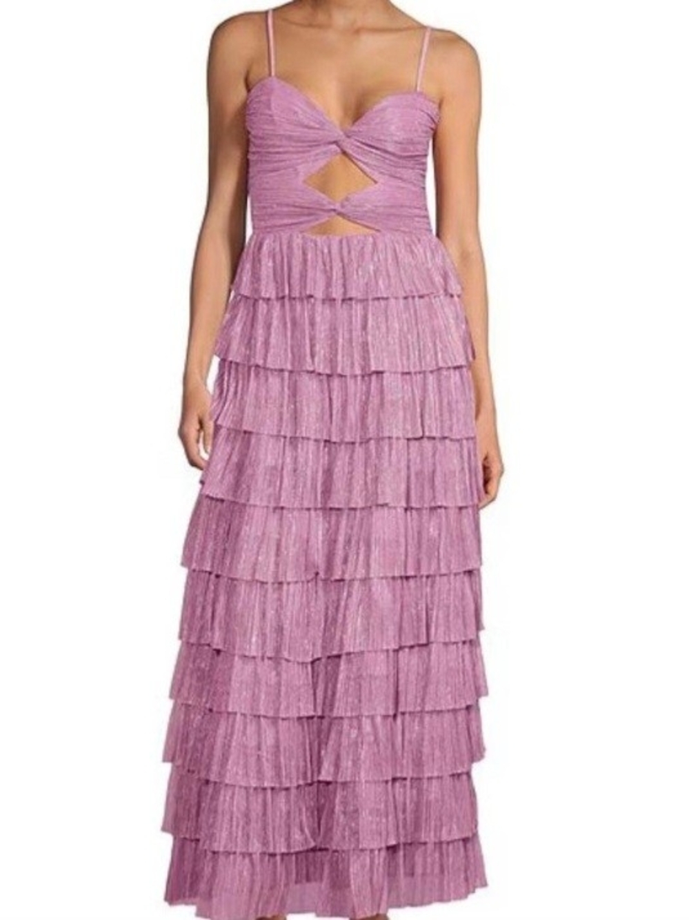 Gianni Bini Grace Metallic Plisse Sweetheart Neck Cut-Out Tiered Dress in Pink
